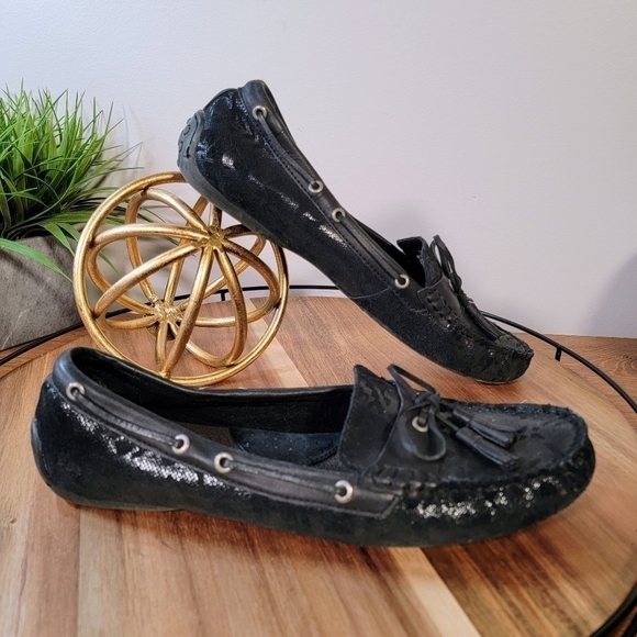 b.o.c. Black leather slip on loafers Size 11 driving shoes with tassels shimmery - Picture 3 of 17